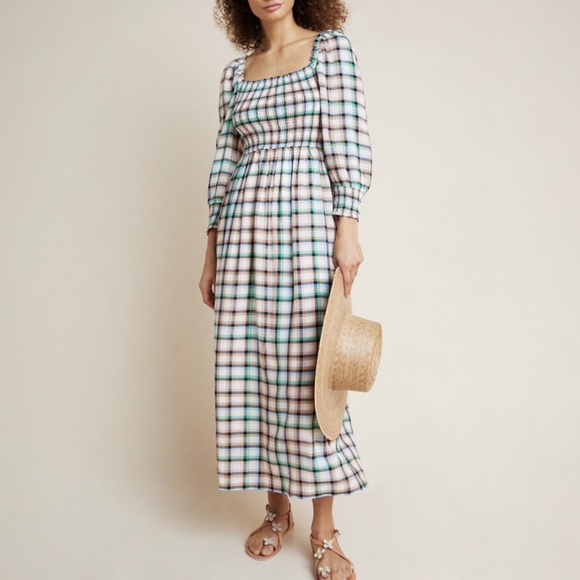Anthropologie Dresses & Skirts - Anthropologie Maeve Cerie Smocked Plaid Maxi Dress Boho Square Neck Size Large
